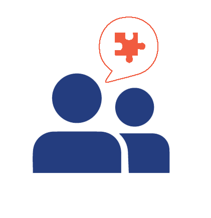 Blue icon of two people with a speech bubble above containing an orange puzzle piece.