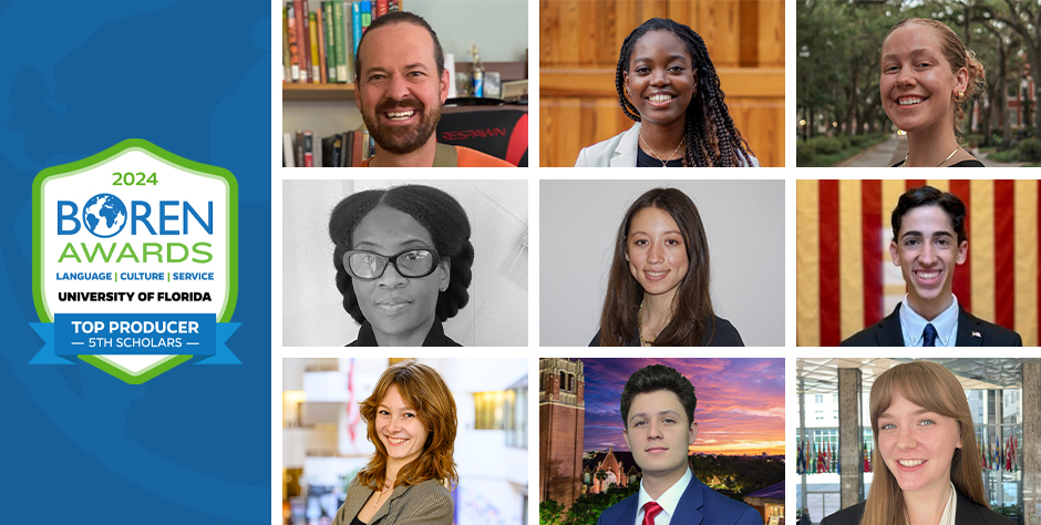 UF's Top Producer badge for Boren Scholars next to a 3 by 3 grid of all 9 Boren awardees.