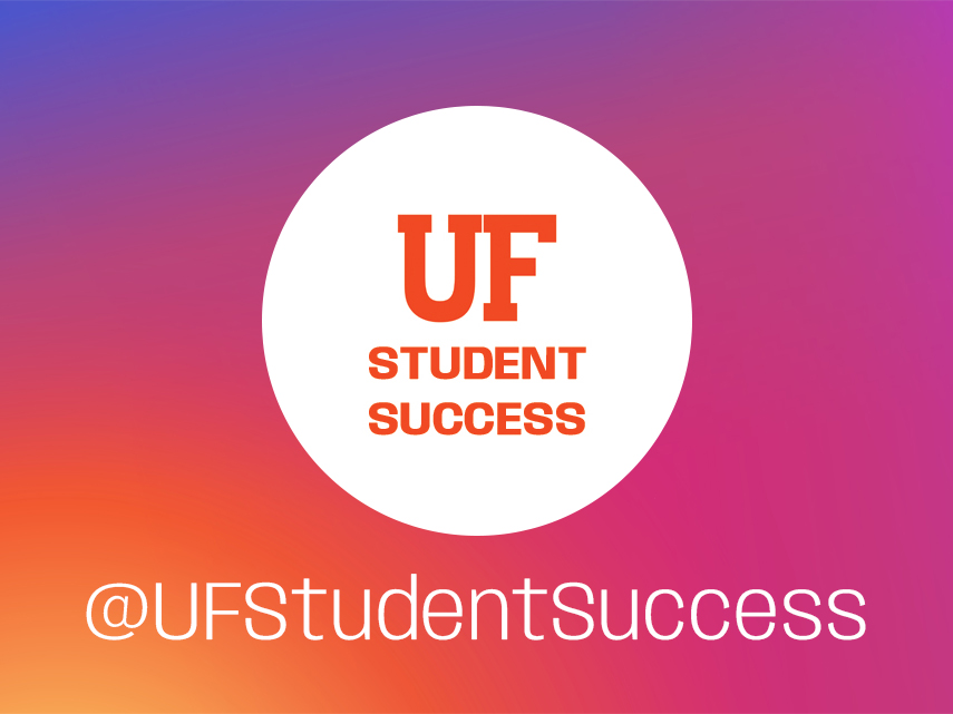 A white circle displays an orange UF Student Success logo, with a background of multiple gradients of Instagram's color pallet.